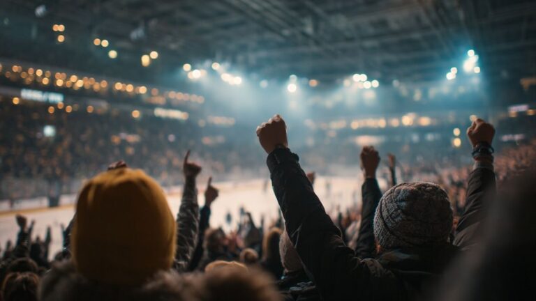 Scene of an ice rink packed with fans creating a lively game atmosphere.