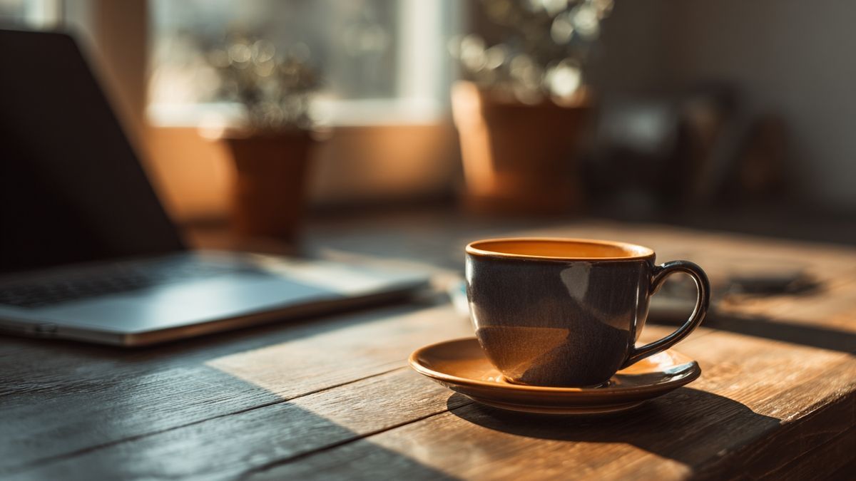 A welcoming work desk featuring a coffee cup and a laptop, showcasing productivity and concentration.