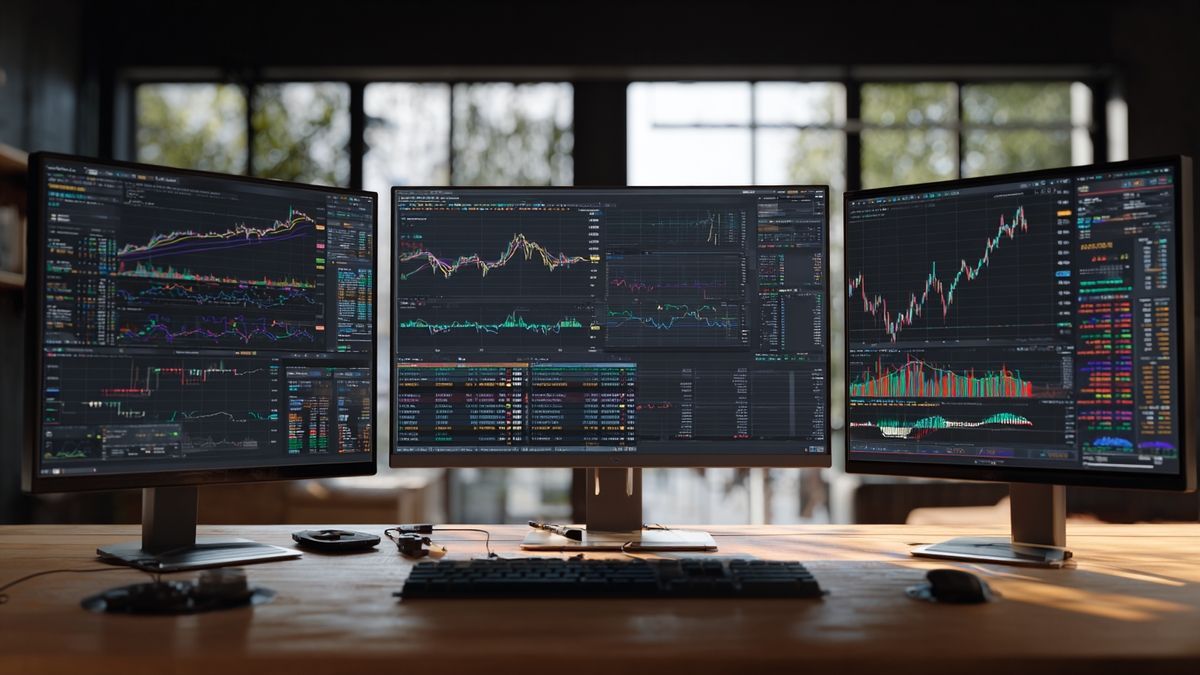 Workspace showing multiple screens with cryptocurrency trading charts and graphs