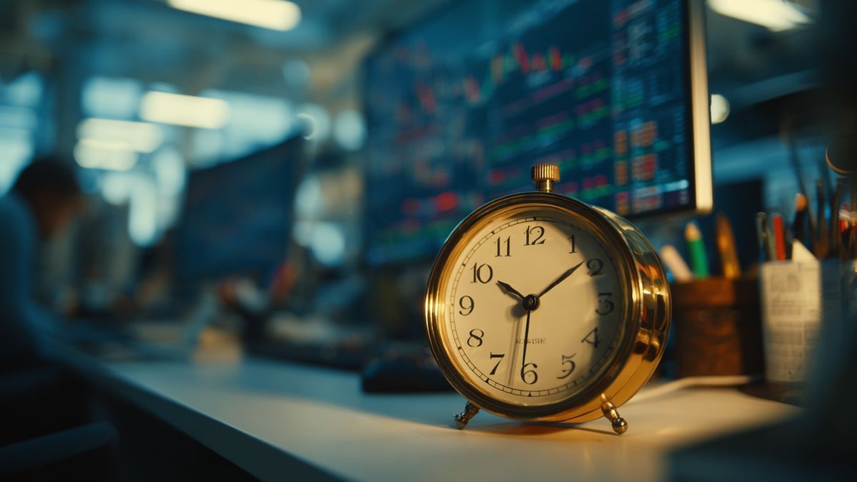 A slowly ticking clock on a trader's desk symbolizes time dragging in stagnant markets.