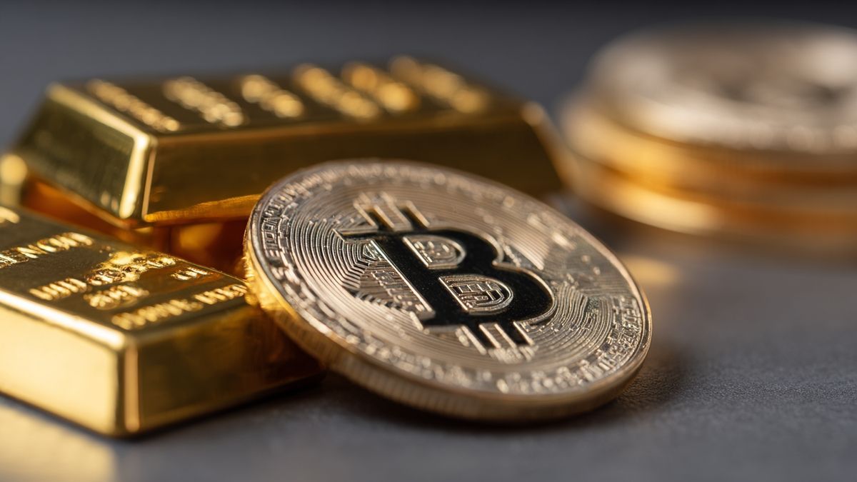 Bitcoin coin fading with prominent gold bars in focus.