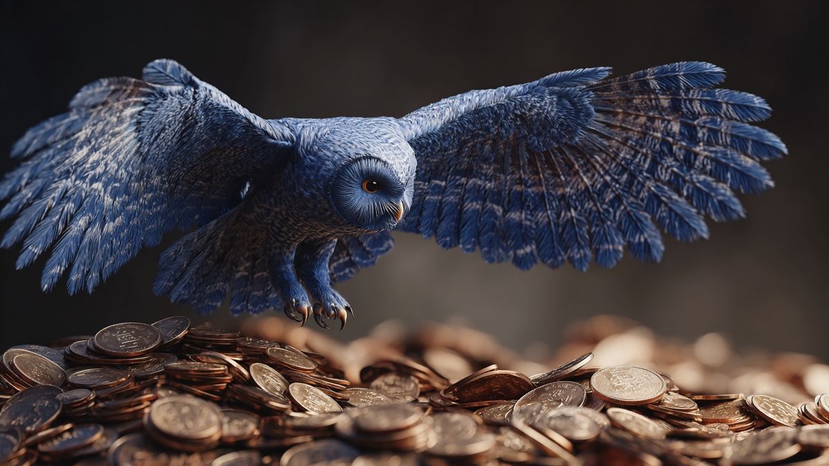 Blue owl soaring above coin piles illustrating financial instability.