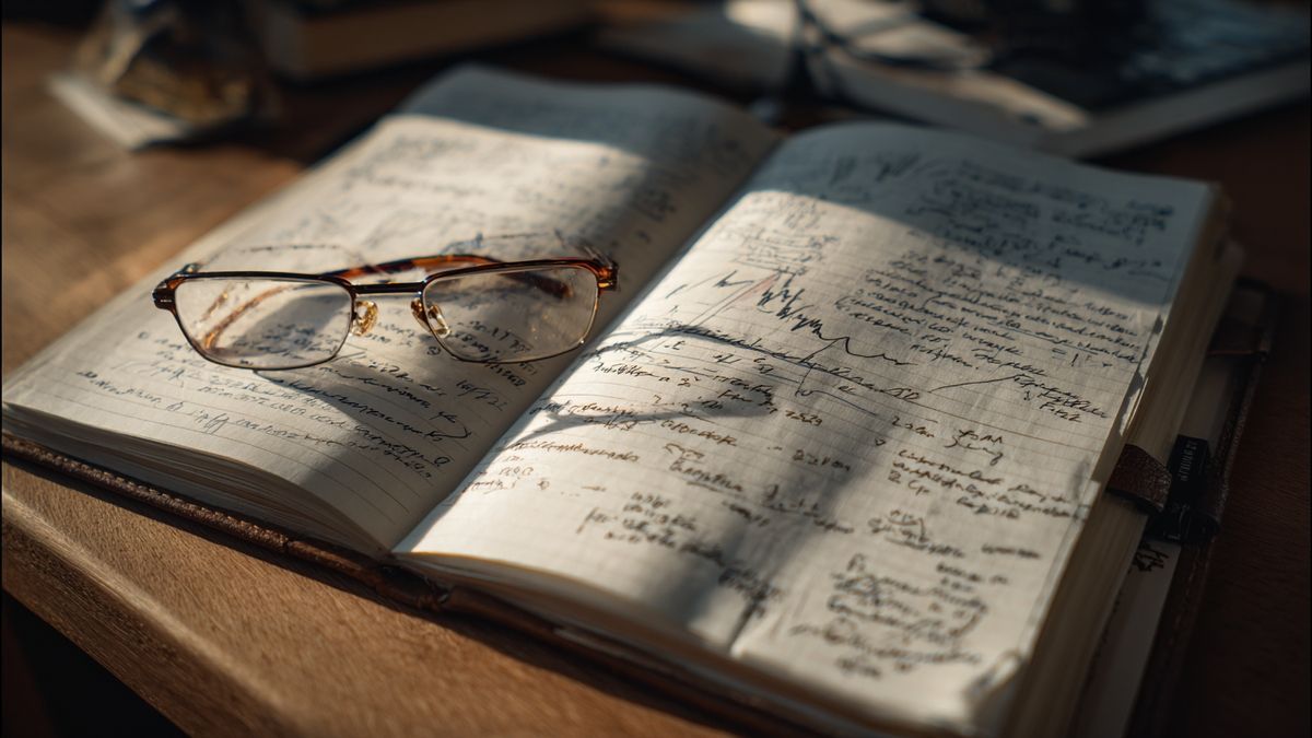 Open notebook filled with notes and sketches about cryptocurrency trends and analysis.