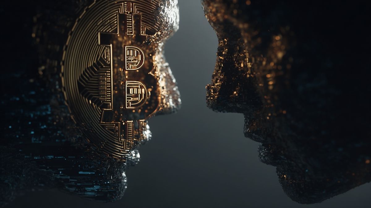 Illustration artistique montrant l'union d'AI et de crypto, symbole de l'alliance entre progrès technologique et émancipation personnelle.