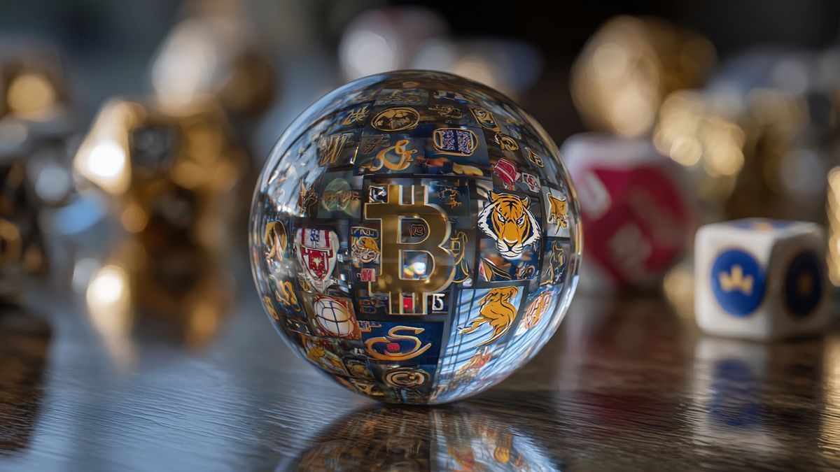 Fantasy art showcasing a crystal ball surrounded by imagery of sports, politics, and cryptocurrencies.