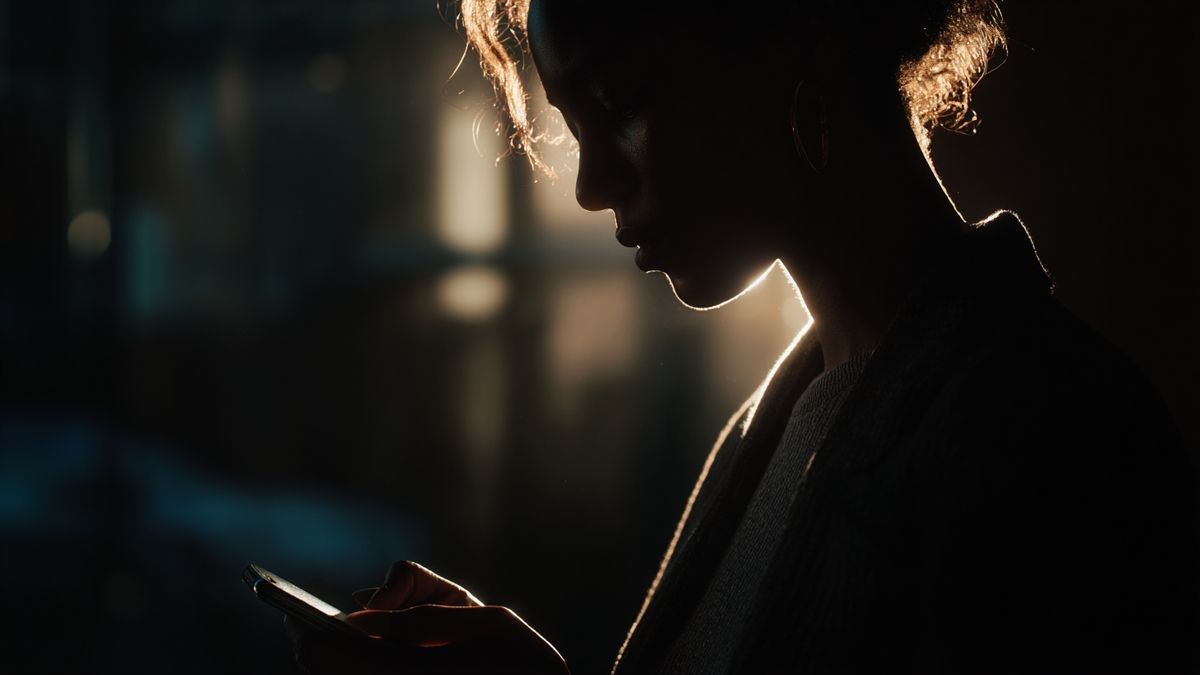 Shadowy figure on a phone posing as an unseen threat to blockchain entities like Figure.