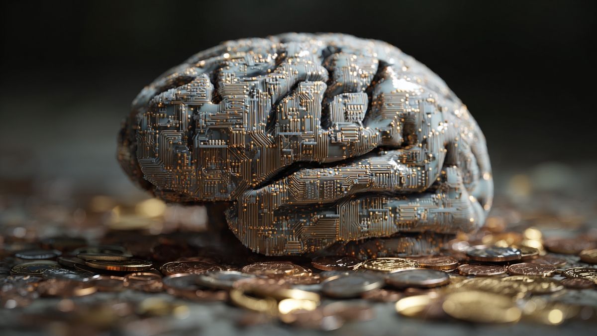 Brain with circuit design surrounded by digital coins symbolizing investment and smart technology.