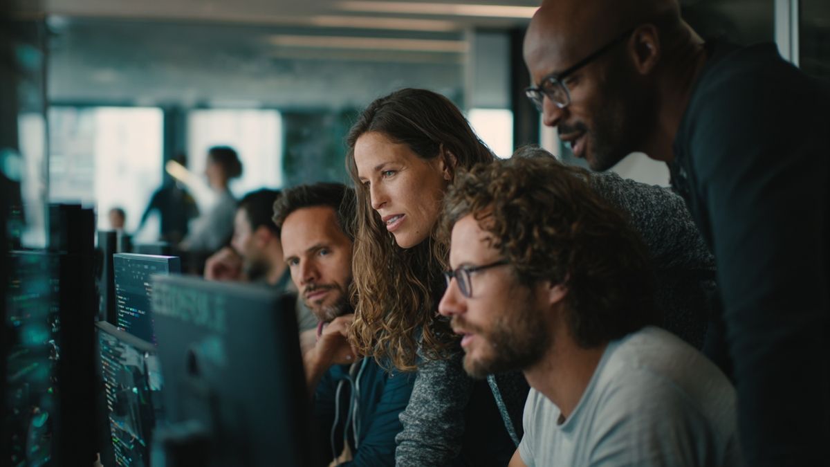 Diverse group collaborating on smart contract security in modern office space