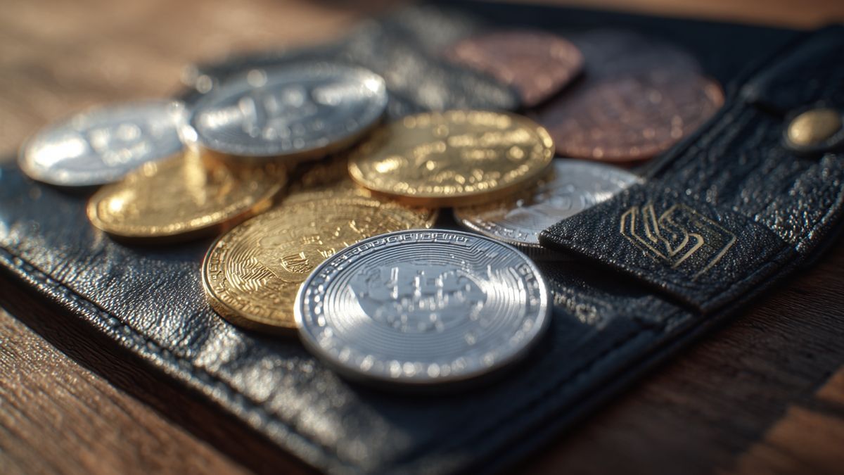 Image of a digital wallet brimming with various altcoins, prominently featuring LiquidChain to underscore its significant market presence.