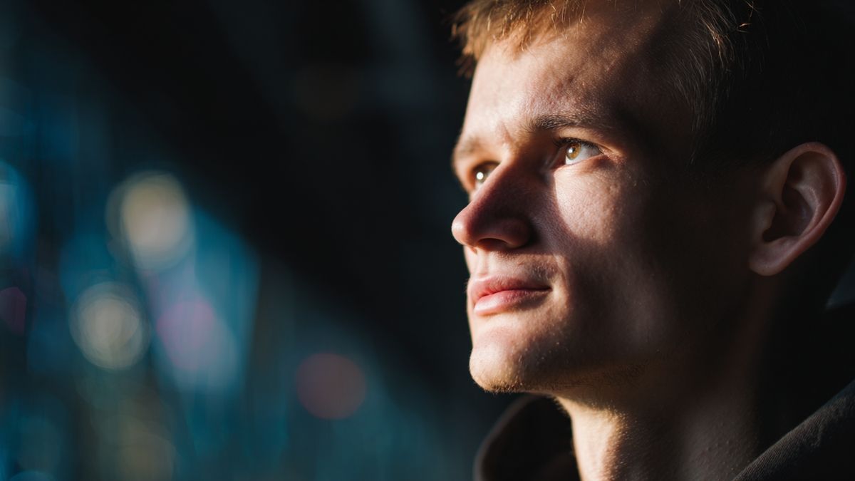 Illustration of Vitalik Buterin pondering technological advancements amidst a futuristic background.