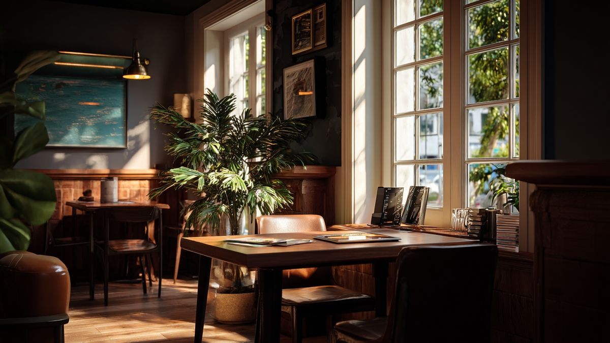 Café corner in a bank where customers learn about cryptocurrencies on tablets in a cozy setting.