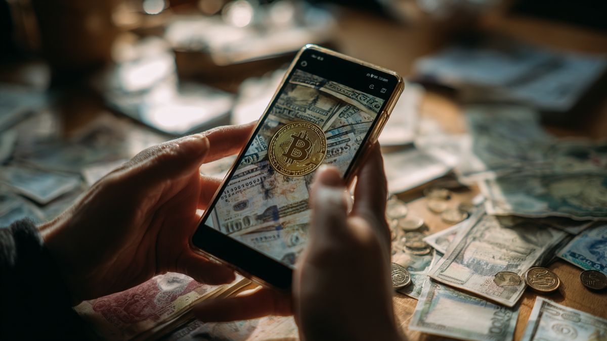 Image of hands holding a smartphone with Bitcoin's increasing price, surrounded by various currency bills.