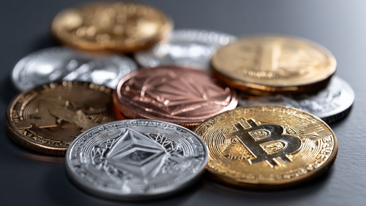 A varied collection of physical cryptocurrency coins arranged on a polished surface.