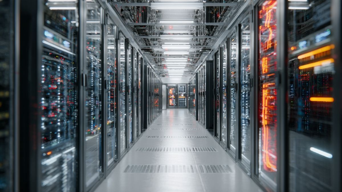 High-tech data center showcasing the extensive server infrastructure essential for AI advancement.