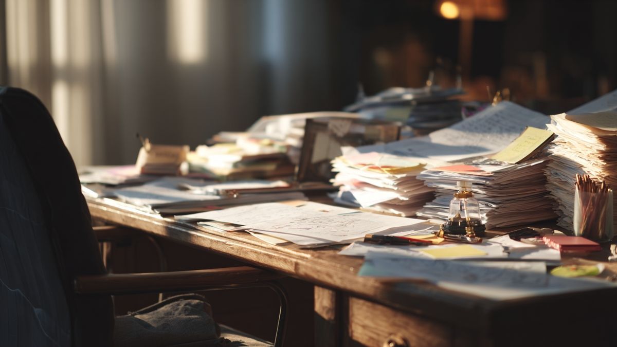 An image showing a workspace overwhelmed with scattered paperwork and charts, illustrating the intense pressure of managing operational changes.