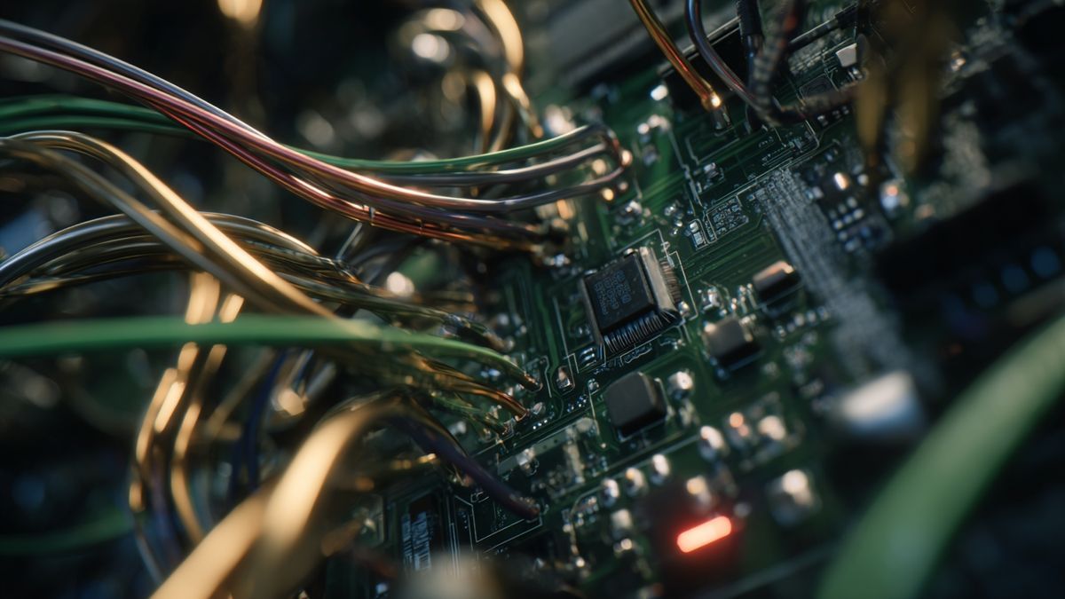 Depiction of a complex mesh of computer wires and circuit boards illustrating AI and cryptocurrency intricacies.