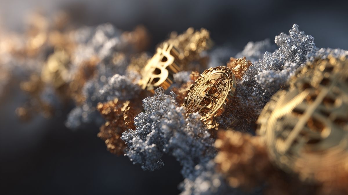 Abstract depiction of blockchain technology showcasing financial flows into cryptocurrency amid uncertainty.