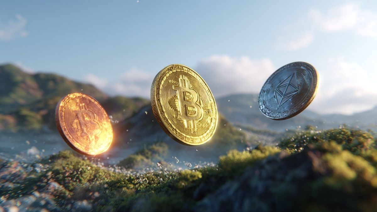 Image showing three vibrant cryptocurrency tokens rising above a digital background, representing market expansion.