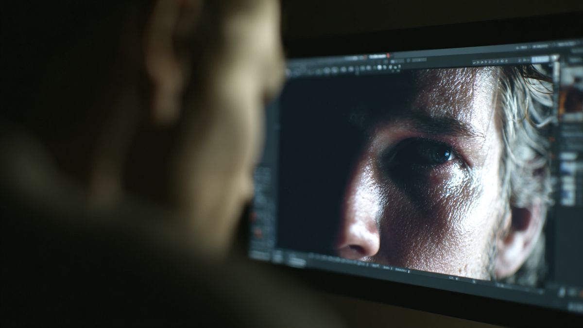Detailed view of a computer screen showing a lifelike representation of a famous actor.