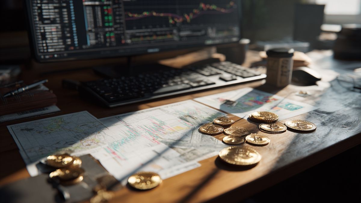 Visual of a serene workspace highlighting Bitcoin's strategic financial insights via graphs and charts.