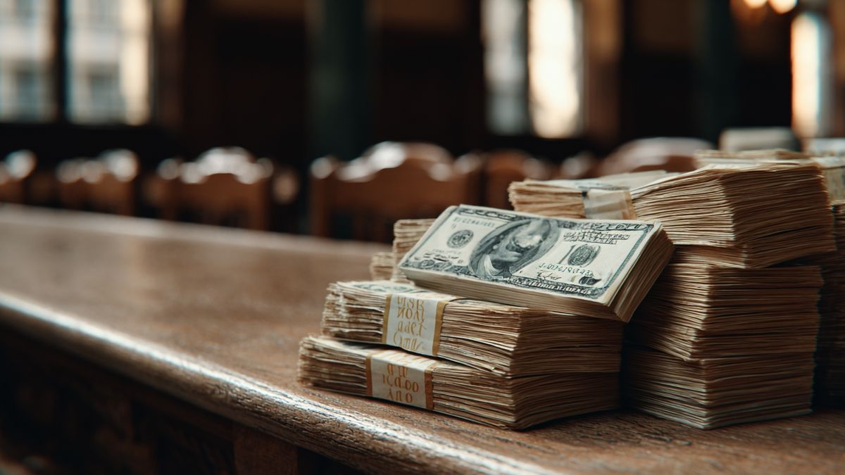 Stack of dollar bills sitting on a table, with vacant stock exchange seats in the background.