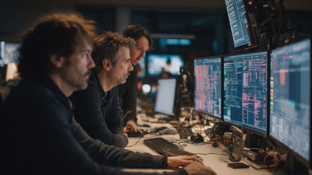 Des scientifiques analysent des algorithmes quantiques en France, collaborant devant des écrans.