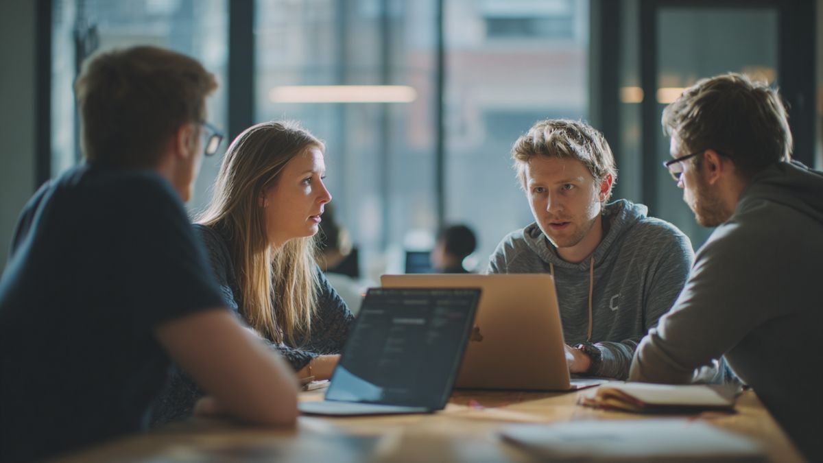 Group of professionals collaborating at a round table, discussing insights from modern audit software visible on their laptops.
